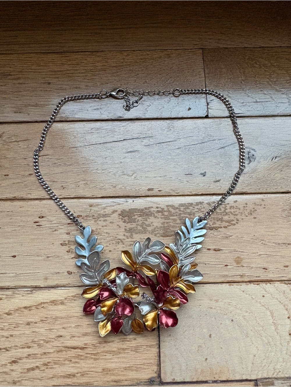 Floral Leaf Necklace - Pink, Gold & Silver 15”